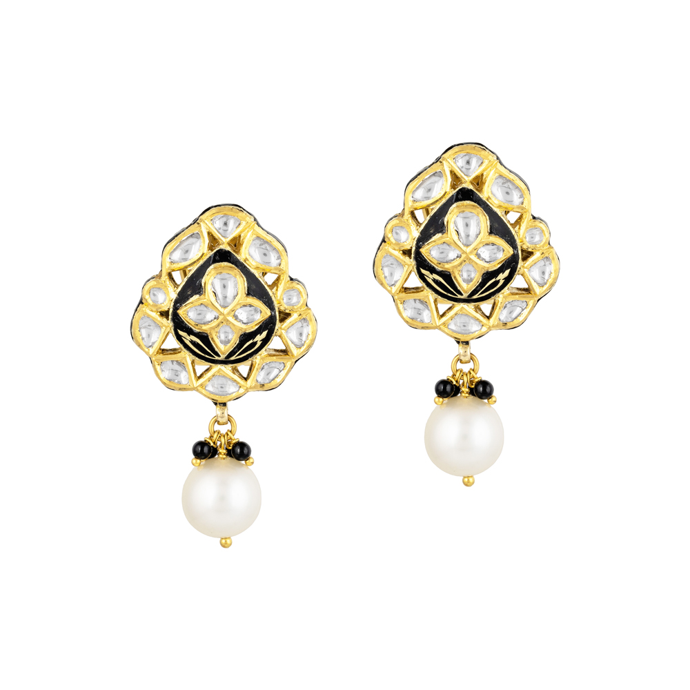 Polki Earrings with Black Enamel, Floral Motif & Pearl Drop